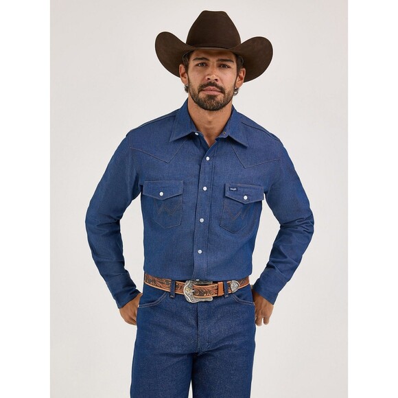 Wrangler Cowboy Cut Firm Finish Denim Western Snap Work Shirt Indigo Size LT NWT - Picture 2 of 5